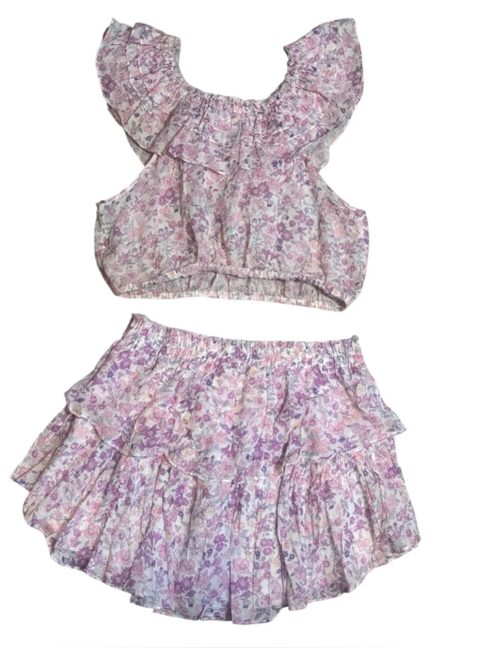 Loveshackfancy Dorin Top and Ruffle Skirt Set in Purple Iris Print Cotton Size L